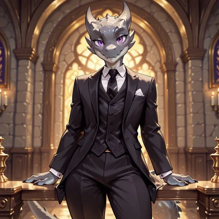 masterpiece, best quality, amazing quality, very aesthetic, solo,
kobold, furry dragon, tail, short stature,
1boy, male focus, grey skin, purple eyes, black formal costume,
looking at the viewer,
fantasy background, blurred background,
