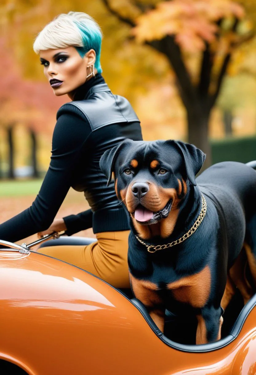 Fashion photography of a Natural supermodel Rottweiler-back riding, wearing fall fashion outfit, Two-Tone hair styled as Pixie, (by Signe Vilstrup:0.8) , (Hedi Slimane:1.0) , Fantasy, Christcore, dslr, Selective focus, CMYK Colors, close-up