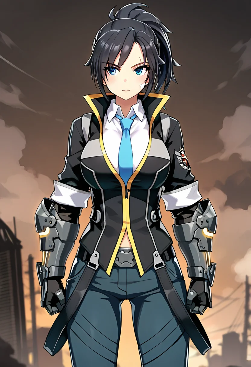 <lora:jinsepatus_IXL:0.7> 1girl,jinsepatsu,black hair,scar,bandaid on face, ponytail, front view,white shirt,blue necktie, jinclassicoutfit,black jacket,blue pants,belt,large breasts
,gauntlets,
,best quality,masterpiece