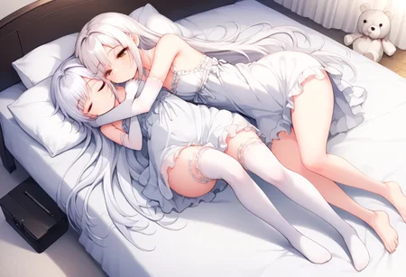Ultra HD, source anime, game CG, masterpiece, best quality, girl sleeping,long white hair + sidetail,eye bag,very tired,silk Thigh high sock, elbow gloves, elegant white laced negligee, smooth pale skin, medium breast,mole near eyes,brown eyes,dimple of venus,hugging stuffed bear,head on pillow, girly room background ,full body shot girl,nice curve body