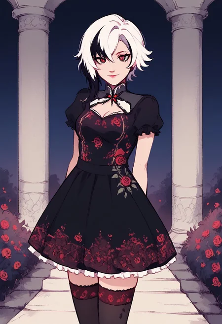 rwby, score_9, score_8_up, score_7_up, wh33z13, l414, portrait,
BREAK
1girl, solo, looking at viewer, arlecchino gi, Adoraable Harajuku dress, black dress, red patterned dress, red print dress, rose print dress, micro dress, frilly dress, black stockings, frilly stockings, red print stockings, rose print stockings, red flats, outdoors, architecture, pillar, bush, (nature:0.9), vines, wind, falling leaves, arms behind back,x-shapped pupils, white hair, short hair, cleavage, arch, night, night sky, light smile, open eyes, closed mouth, d4rkpurp
