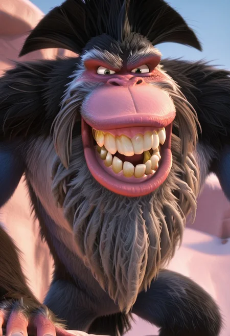 core_9, score_8_up, score_7_up, score_6_up, score_5_up, score_4_up, detailed background, detailed face, 1boy, solo, male, short legs, several gold crowns in the mouth, Captain Gutt. Gigantopithecus, thick fur, crooked teeth, cartoon, long arms, hairstyle, Ice Age Style, 3d, monkey face