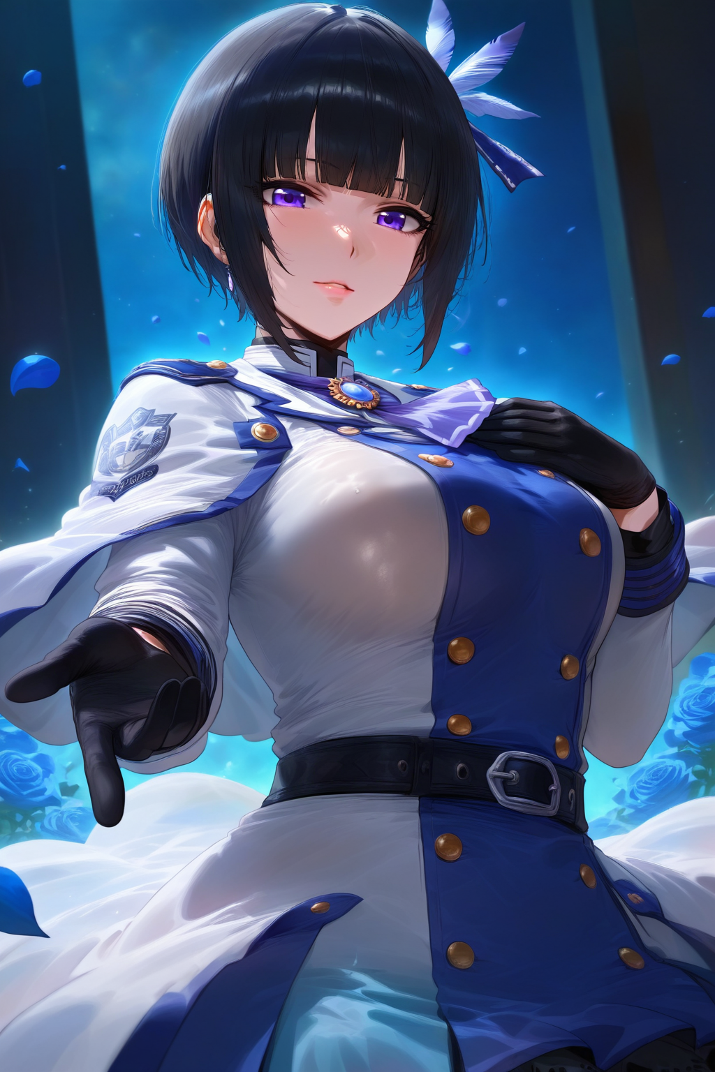 1girl, shirayuki chiyo, huge breast, ascot, belt, black gloves, black hair, blue flower, blue petals, blue rose, blunt bangs, bob cut, brooch, capelet, chess piece, coat, emblem, fair knight (idolmaster), falling petals, feather hair ornament, feathers, flower, gloves, hair ornament, hand on own chest, jewelry, knight (chess), looking at viewer, night, petals, purple eyes, rose, short hair, sidelocks, solo, white coat, mikayori, realistic, masterpiece, best quality, good quality, newest