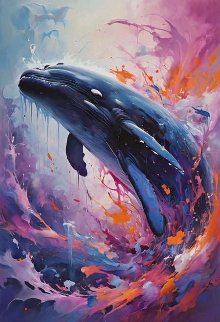 A stunningly realistic whale glides majestically through the sky, its detailed skin shimmering with shades of deep blue and gray. The whale's features are intricately rendered, showcasing the texture of its skin and the gentle curves of its body. Surrounding the whale is an abstract background filled with swirling colors and shapes, creating a vibrant contrast. The background consists of bold splashes of color—rich purples, fiery oranges, and soft pinks—intertwined with fluid, dreamlike patterns that evoke a sense of movement and whimsy. This artwork combines the realism of the whale with a captivating abstract environment, inviting viewers into a surreal world where nature and imagination collide.
[style of greg rutkowski,janek sedlar,jenny saville:0]  <lora:vivid_everclear:0.35>  <lora:Sinozick:0.35>  <lora:MJ52:0.35>