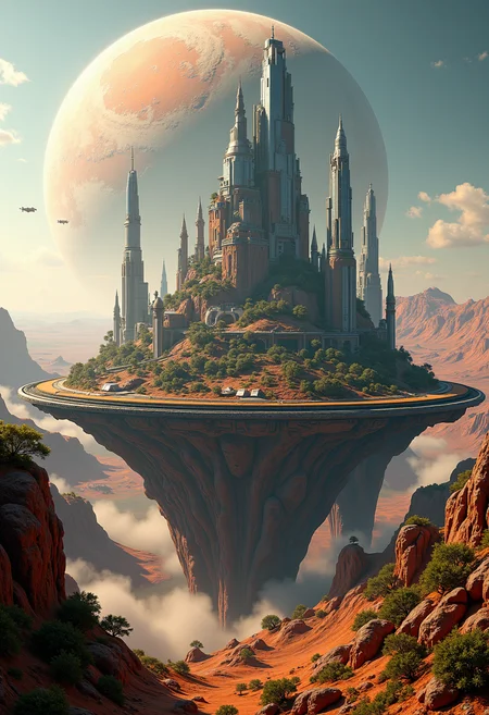 photorealistic,highly detailed,islands floating in space,covered by shimmering force field,orbiting mars,different altitudes,land bridges,lush foliage,towering futuristic,skyscrapers,shuttles flying down to the planet,sci-fi,magical,8k,unreal engine,octane render,ray tracingThe islands are positioned at varying altitudes and interconnected by expansive land bridges.,<lora:Flux_Detailer_v3:0.8>,Jeddtlv3,
