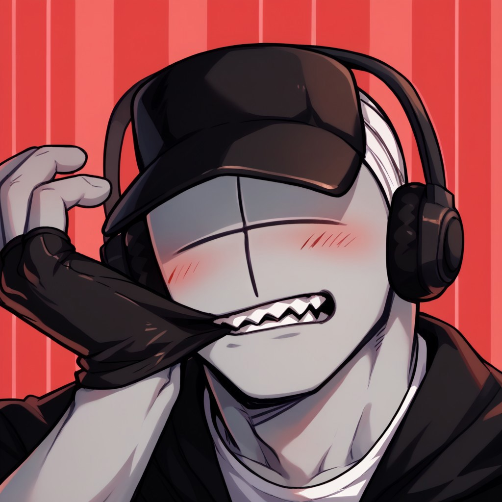 score_9, score_8_up, score_7_up, d3im0s, colored skin, grey skin, facial mark, no eyes, no eyebrows, no nose, bald, bandaged head, bandaged neck, 1boy, solo, blush, sharp teeth, fingerless gloves, black gloves, glove biting, mouth hold, shaded face, black hat, visor cap, black headphones, black jacket, open jacket, white shirt, abstract background, red background, striped background, white stripes, portrait