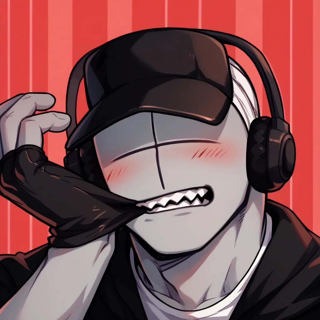 score_9, score_8_up, score_7_up, d3im0s, colored skin, grey skin, facial mark, no eyes, no eyebrows, no nose, bald, bandaged head, bandaged neck, 1boy, solo, blush, sharp teeth, fingerless gloves, black gloves, glove biting, mouth hold, shaded face, black hat, visor cap, black headphones, black jacket, open jacket, white shirt, abstract background, red background, striped background, white stripes, portrait