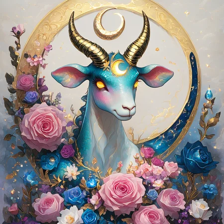 ArsMJStyle, Capricorn, The image shows a painting of a goat with horns standing in front of a crescent moon surrounded by flowers. The goat is white and blue in color and the moon is a golden hue., flower, horns, blue flower, no humans, yellow eyes, pink flower, rose, moon, pink rose, solo, crescent moon, glowing, blue rose, purple flower, crescent, looking at viewer core_9, score_8_up, score_7_up, score_6_up, <lora:ArsMJStylePony:1>