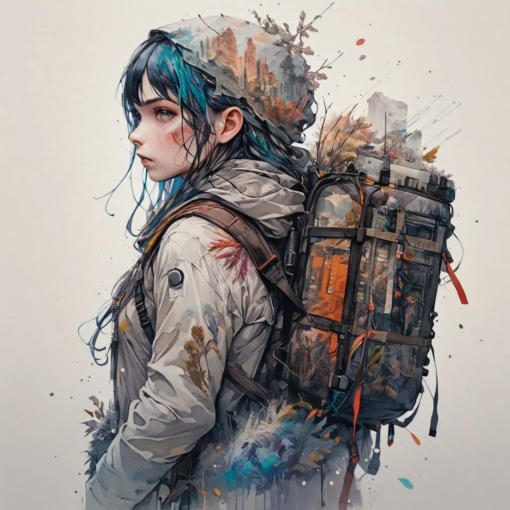 Adventurous hiker with backpack, by Minjae Lee, Carne Griffiths, Emily Kell, Steve McCurry, Geoffroy Thoorens, Aaron Horkey, Jordan Grimmer, Greg Rutkowski, amazing depth,high resolution, ink painting