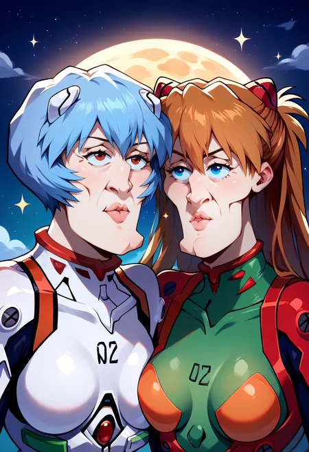 <lora:handsomize_x_pdxl_v1:1.2> score_9, score_8_up, score_7_up BREAK handsomize, 2girls, souryuu asuka langley, ayanami rei, neon genesis evangelion, sparkle, space, stars