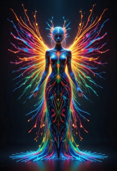 a full body fire entity whit multicolored flames, professional photography of an fantastical warrior fairy princess entirely made of cyberflies with whimsical elements, swirling magic, eerie fairytale landscape, elaborate fantasy style art, very colorful, intricate details, ultra sharp, exquisite detail, flawless composition, vivid colors, masterpiece, exciting background, TAS, TASvisuals, Psychedelic , Rave, Elaborate , Blacklight , Vibrant , cyberflies, black light paint, blp, Colorful Chaos Cracks and Drops, mad-glowtiedye, made out of,colorful,liquid,Murano Art Glass