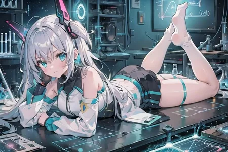 (masterpiece), (science fiction:1.4), 1girl, lying on the back on a mirror, lying on the back on a mirror, lying on the back on a mirror, smile, silver hair, aqua eyes, headgear, long sleeves, detached sleeves, glowing energy clothing, light particles, energy particles, perfect hands, perfect legs