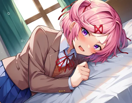 score_9, score_8_up, score_7_up, source_anime,
ddlcnatsuki, <lora:ddlc-natsuki-ponyxl-lora-nochekaiser:1>
ddlcnatsuki, fang, hair ornament, pink hair, purple eyes, short hair, short sidetail, swept bangs, x hair ornament,
blazer, blue skirt, brown jacket, collared shirt, jacket, long sleeves, miniskirt, neck ribbon, pleated skirt, red ribbon, ribbon, school uniform, shirt, skirt, swept bangs, vest, white shirt, wing collar, x hair ornament,
indoors, bed, bed room, on side, blush, drunk,
looking at viewer, dutch angle, cowboy shot,