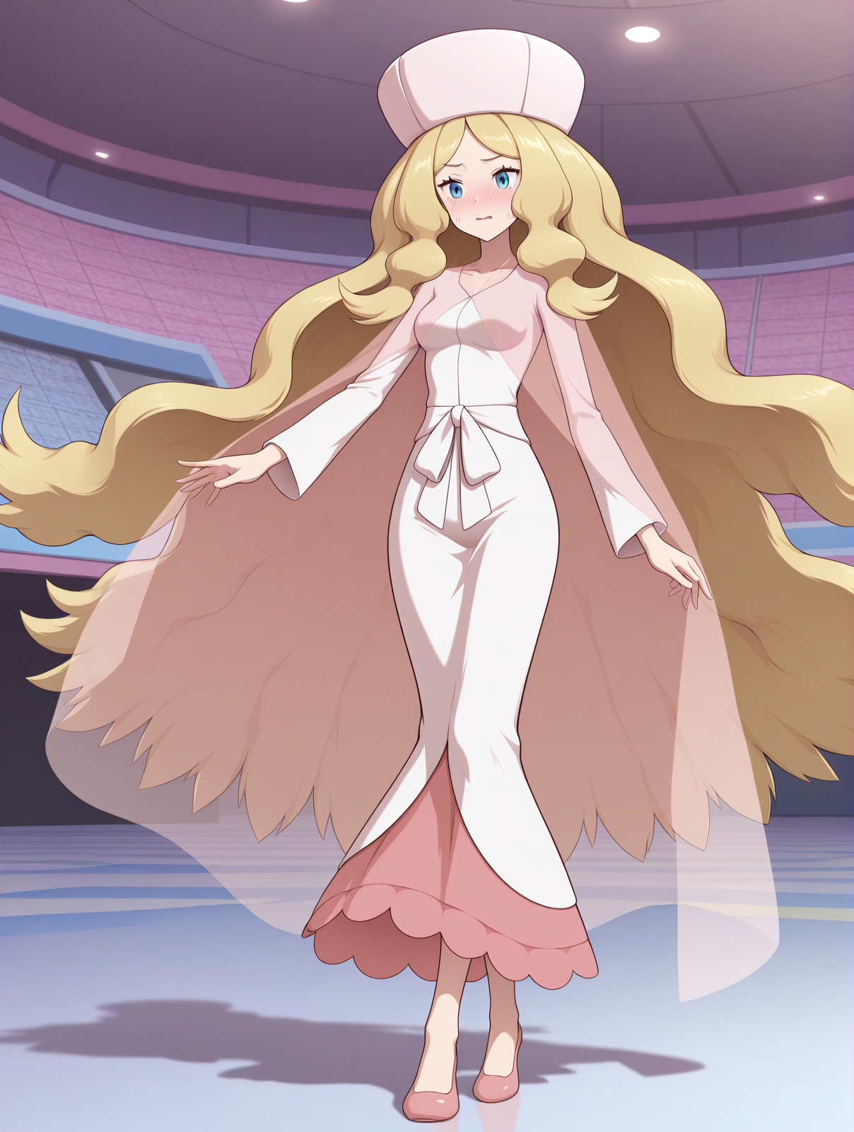 (white dress pink dress two-tone dress pink cape see-through cape pink hat flats:1.50), 
pk-caitlin, blonde hair, very long hair, blue eyes, 
medium breasts, 1girl, 
(masterpiece, highres, ultra-detailed,very aesthetic, best quality, absurdres, high quality, highres), 
flustered,
full body,
(feet:1.70), 
BREAK,
pokemon center,
,
(solo:0.60), (skinny:0.8),
(by himitsu_(hi_mi_tsu_2)),
pink hat
<lora:pk-caitlin-V01-illXL:0.70>
