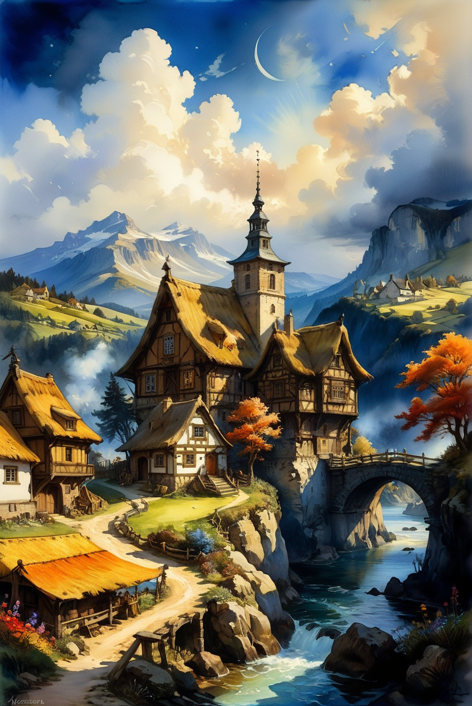 A hyper-realistic, ultra-detailed watercolor painting featuring a fantastical landscape with a village at the end of time. The scene has a perfect composition and chiaroscuro inspired by Rembrandt, with concept art elements by Mariusz Lewandowski, Louis Aston Knight, Karine Eibatova, John Howe, Jessica Rossier, JarosÅaw JaÅnikowski, Inessa Garmash, HenriÃ«tte Ronner-Knip, and Harumi Hironaka. The painting is vibrant, beautiful, painterly, detailed, and textural.
Watercolor painting, masterpiece, best quality, hyper detailed, ultra realistic, 32k, RAW photo, landscape, fantasy, village at the end of time, perfect composition, chiaroscuro by Rembrandt, concept art, vibrant, beautiful, painterly, detailed, textural, artistic, Rembrandt, Mariusz Lewandowski, Louis Aston Knight, Karine Eibatova, John Howe, Jessica Rossier, JarosÅaw JaÅnikowski, Inessa Garmash, HenriÃ«tte Ronner-Knip, Harumi Hironaka.
<lora:add-detail-xl:1.0>,
<lora:EnvyBetterHiresFixXL01:1.0>,
<lora:extremely_detailed:1.0>, extremely detailed,
<lora:EldritchMixIllustration_1.1:0.6>,
<lora:watercolor:0.4> watercolor,
<lora:EnvyInkSwirlXL01:0.25> swirling ink,