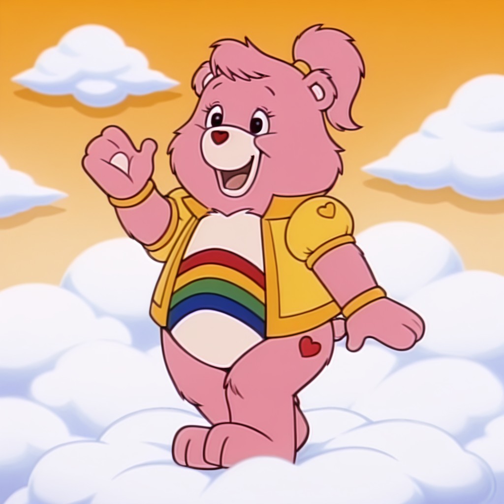 masterpiece, best quality, amazing quality, cheerbearil, semi-anthro, female, bear_girl, pink fur, black eyes, tummy symbol, yellow shirt, puffy sleeves, hair-tie, yellow bracelet, ponytail, open shirt, standing, on a cloud, cloud background, happy, waving, <lora:3fbfdd52-fada-47ff-bfd1-507db4fcad77:1.0>