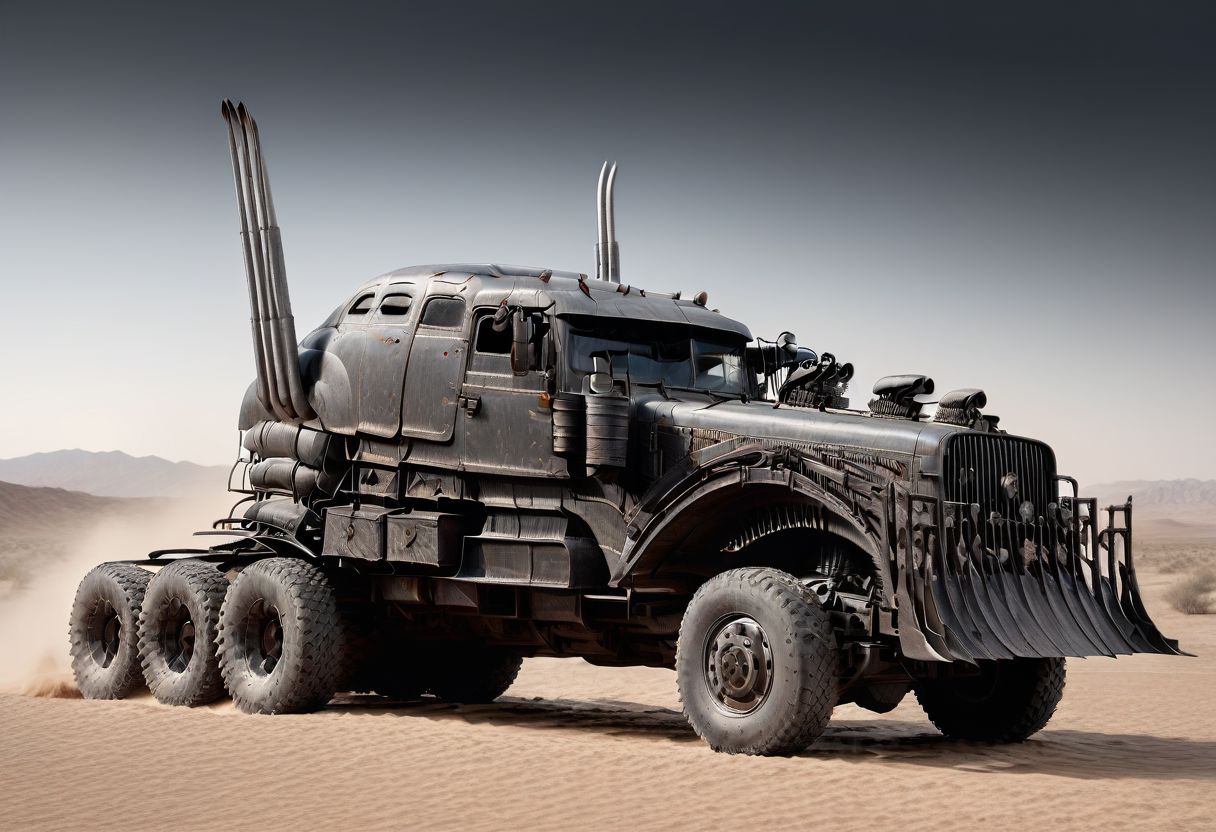 1vehicle, war rig rat rod truck with long exhaust pipes and a  cowcatcher plough at the front, wheels, vehicle focus, driving through a desert, daytime, sunlight, high contrast, highly detailed, award-winning photo, realistic, high contrast, volumetric lighting, global illumination, Cinematic, Cinematic Shot, Cinematic Lighting, epiCPhoto,