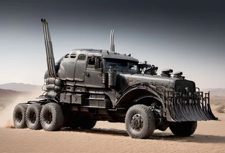 1vehicle, war rig rat rod truck with long exhaust pipes and a  cowcatcher plough at the front, wheels, vehicle focus, driving through a desert, daytime, sunlight, high contrast, highly detailed, award-winning photo, realistic, high contrast, volumetric lighting, global illumination, Cinematic, Cinematic Shot, Cinematic Lighting, epiCPhoto,