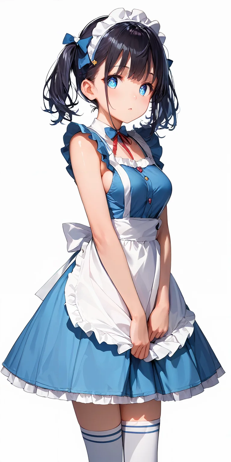 score_9, score_8_up, score_7_up,source_anime, high res image,masterpiece,best quality,girl,cute face,clear skin,shiny hair,ultra detailed eyes,simple background,middle breasts,
<lora:maid_Pony_V1.0:1> jyojifuku,frills,kneehighs,apron,blue dress