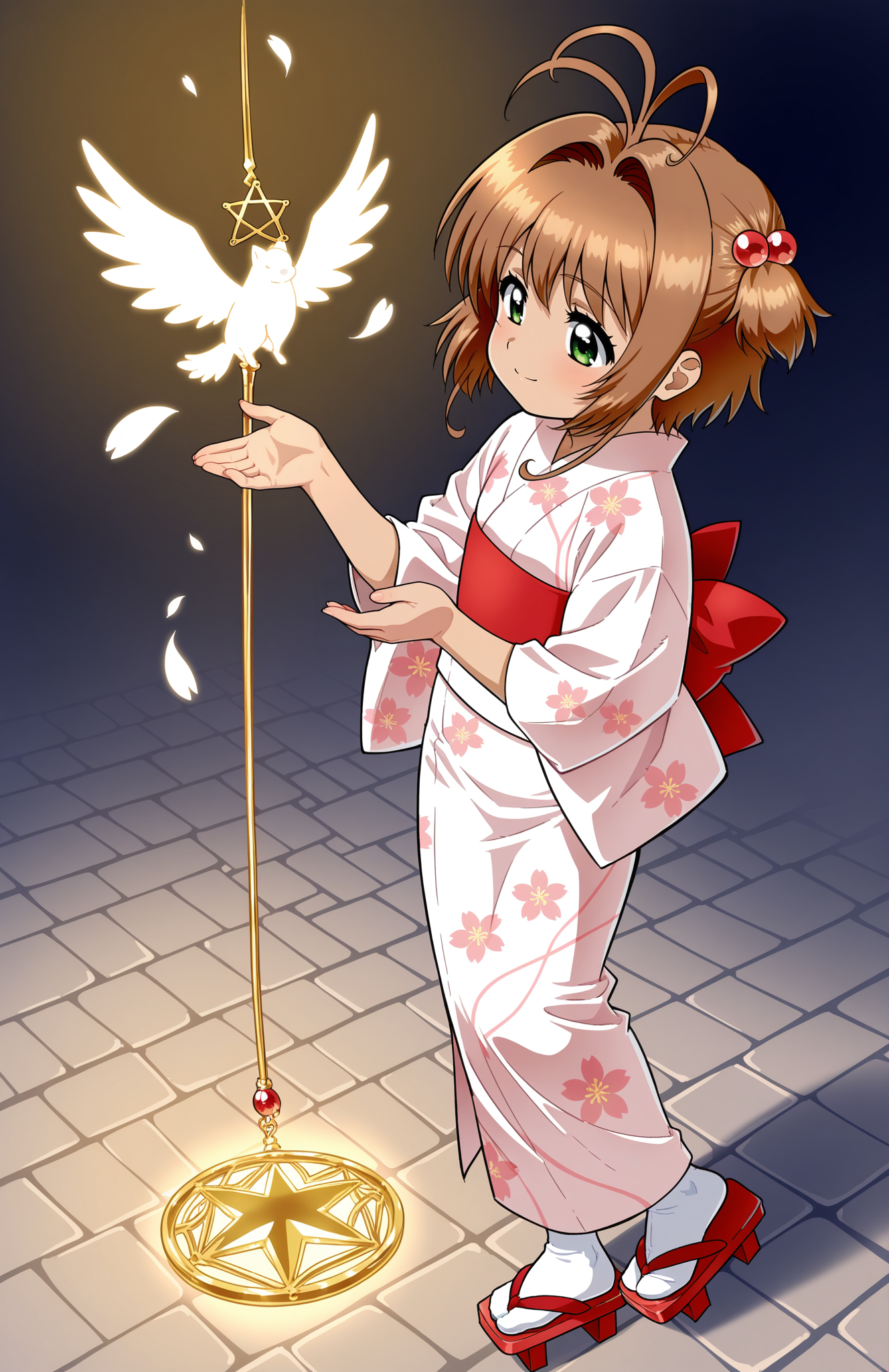 1girl, solo, <lora:Daikin:1> dkn,
kinomoto sakura, yukata, short sleeves, obi, white socks, geta, floral pattern, (medium shot), performing a ritual, detailed face, located in a magical scene at a ancient village during starlit night with clear weather, illuminated by shimmering light, creating a ethereal,heroic atmosphere, extremely detailed, highres, masterpiece, best quality
