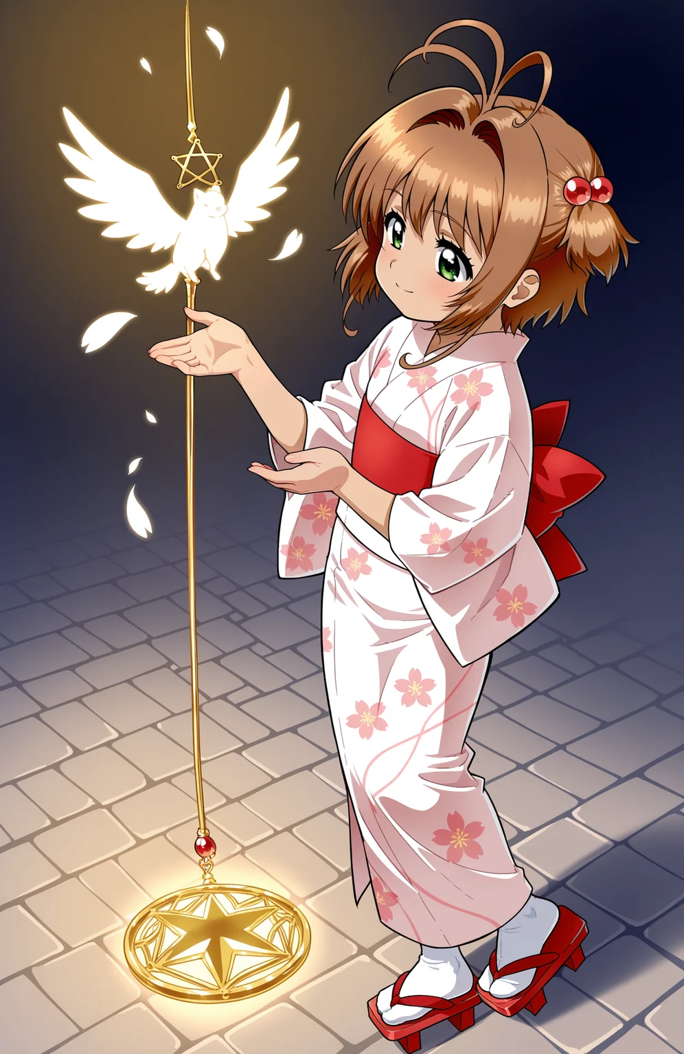 1girl, solo, <lora:Daikin:1> dkn,
kinomoto sakura, yukata, short sleeves, obi, white socks, geta, floral pattern, (medium shot), performing a ritual, detailed face, located in a magical scene at a ancient village during starlit night with clear weather, illuminated by shimmering light, creating a ethereal,heroic atmosphere, extremely detailed, highres, masterpiece, best quality