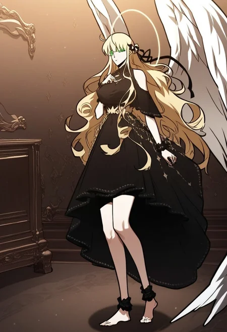Score_9_up, Score_8_up, score_7_up, detailed background, high quality, detailed character, high quality face, night, pov, bedroom, Expressiveh, Character, zPDXL, Uriel, green eyes, blonde hair, long hair, classic clothes, black dress, necklace, halo, white wings, clothes, toned, large breasts, puffy nipples, large ass, ass expansion, thick thighs wide hips, wide shot showing female, full body shot, looking at viewer, lustful, posing, fully turned to viewer