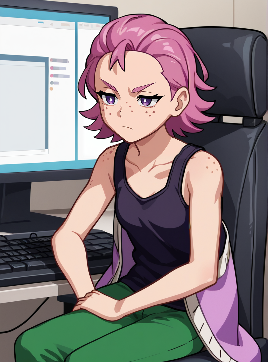score_9, score_8_up, score_7_up, score_6_up,source_anime , intricate details, detailed face  anime coloring,  anime_lineart anime screencap,  <lora:Dotpokeani:0.8>solo, tiedhairdot, 1girl, pink hair, short hair, , green pants, pants, tank top,  sitting,,    open jacket, purple eyes,  freckles, forehead, expressionless, annoyed, computer, keyboard \(computer\),  typing,