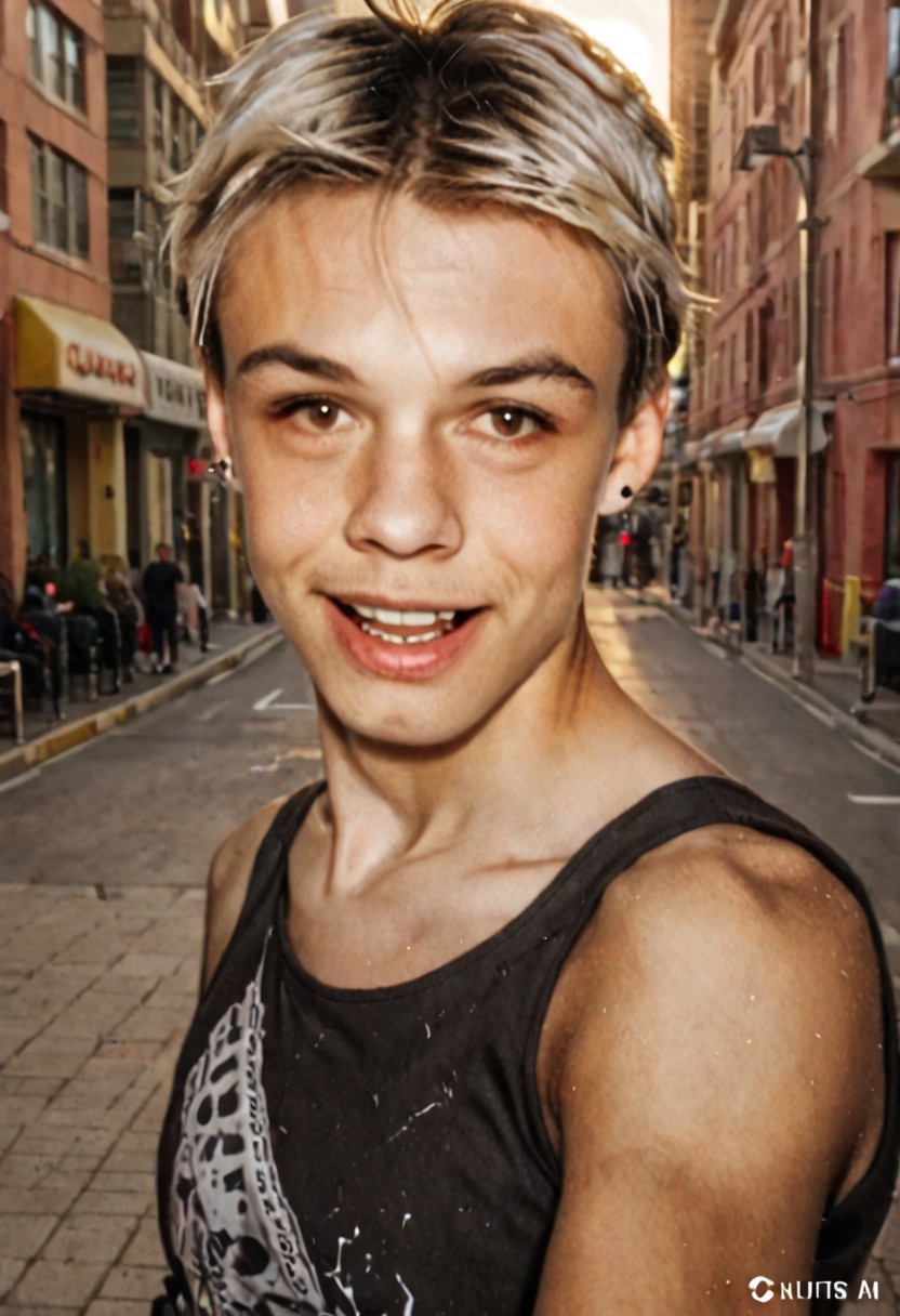 (Xcurix:1.6),(in city:1.5), guy close portrait, black tshirt, white hair, sun hlases, very open mouth, smiling , modern clothes stile ciberpunk, high definition,