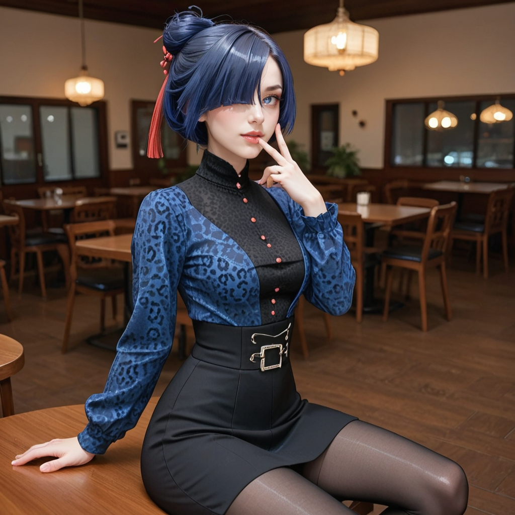 score_9_up, score_8_up, score_7_up, (masterpiece), (best quality), (ultra-detailed), (very aesthetic:1.2), intricate details, perfect composition, absurdres,
one girl, <lora:Xiao_Xinyue:0.8> , Xiao Xinzyue, blue hair, blue eyes, mole under eye, hair over one eye, single hair bun, medium breasts,   
looking at viewer, sitting, 
leopard print long sleeve top, high waist long black leather skirt, black pantyhose,  black chunky platform ankle boots, blushing, looking at viewer, restaurant scene,
<lora:Expressive_H-000001:0.8>, expressiveh,