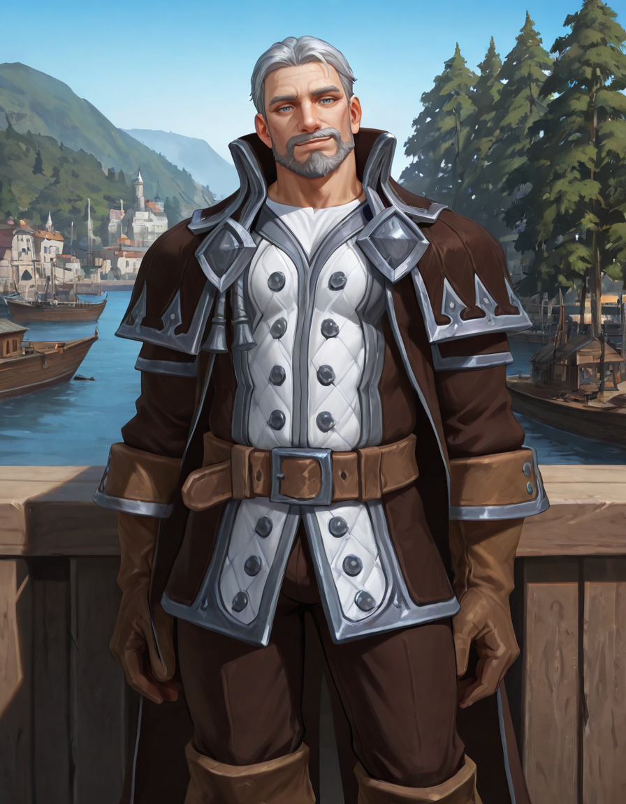 masterpiece, best quality, newest, detailed background, intricate details, male focus, realistic, solo, <lora:World of Warcraft - Genn Greymane - Illustrious-000005:0.7>, genn_g, 1boy, mature male, grey hair, very short hair, mustache, beard, blue eyes, brown overcoat, white jacket, white shirt, brown gloves, brown belt, brown pants, brown boots, outdoors, kingdom, houses, trees, harbor, standing on ship, arms behind back, contrapposto, looking at viewer, smirk, head tilt
