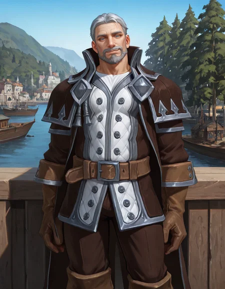 masterpiece, best quality, newest, detailed background, intricate details, male focus, realistic, solo, <lora:World of Warcraft - Genn Greymane - Illustrious-000005:0.7>, genn_g, 1boy, mature male, grey hair, very short hair, mustache, beard, blue eyes, brown overcoat, white jacket, white shirt, brown gloves, brown belt, brown pants, brown boots, outdoors, kingdom, houses, trees, harbor, standing on ship, arms behind back, contrapposto, looking at viewer, smirk, head tilt