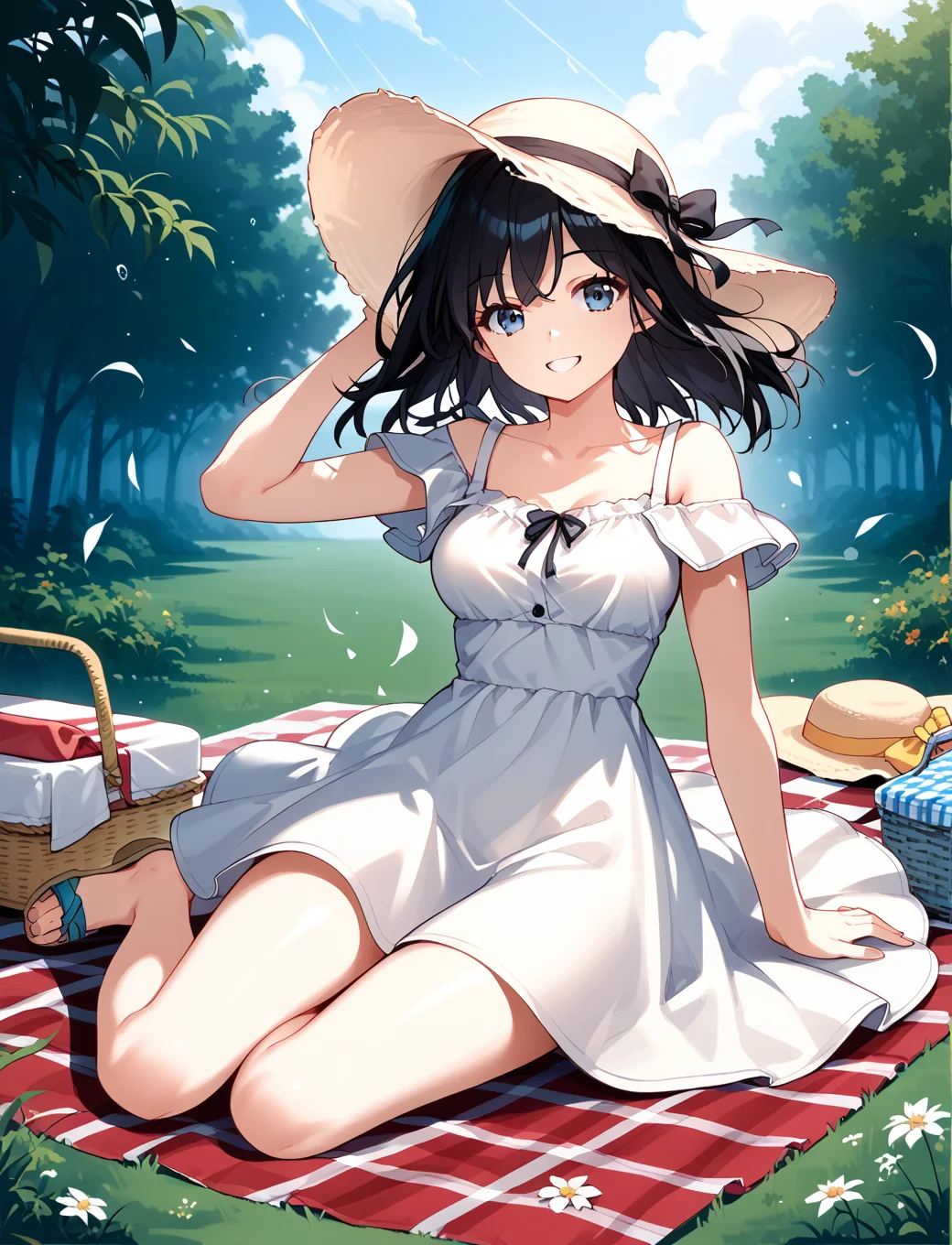 score_9, score_7_up, source_anime,
1girl, solo, long black hair, sundress, thighs, medium breasts, smile, sunhat, picnic blanket, wind, sandal
sitting, yokozuwari, <lora:yokozuwari_XL:0.9>