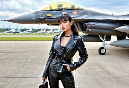 (21yo Jannine Parawie Weigel Ploychompoo (@jannineweigel) no bra But wore only a shiny leather jacket and leather trousers, ray ban teardrop sunglasses, Block Heel Tie Thigh High Boots, (Bangs), (smooth black hair, and tied in a ponytail, leather collar:1.3), detailed background, good anatomy, (perfect face, perfect eyes, eyes focus on a viewer, dynamic pose, Realistic, hyperrealistic, extreme portrait closeup shot:1.4), HDR 16K, masterpieces, top quality, best quality, official art, 8k, (background is Royal Thai Air Force airport including thailand F16 and thailand 
 rippen jet hangar:1.2),The jacket does not zip up, floating hairs, 
((Compose the image to primarily focus on the girl model, showing her body up to hips Then gradually incorporate other background elements such as jet airplanes), (It is not necessary to see something focus on the upper half of the girl model):1.4), focus on the model's face,
(35mm, F/2.8) (insanely detailed and intricate, hypermaximalist, elegant, beautiful, revealing, appealing, attractive, amative, hyper realistic, super detailed, <lora:EdobF16_v1.0:0.8>