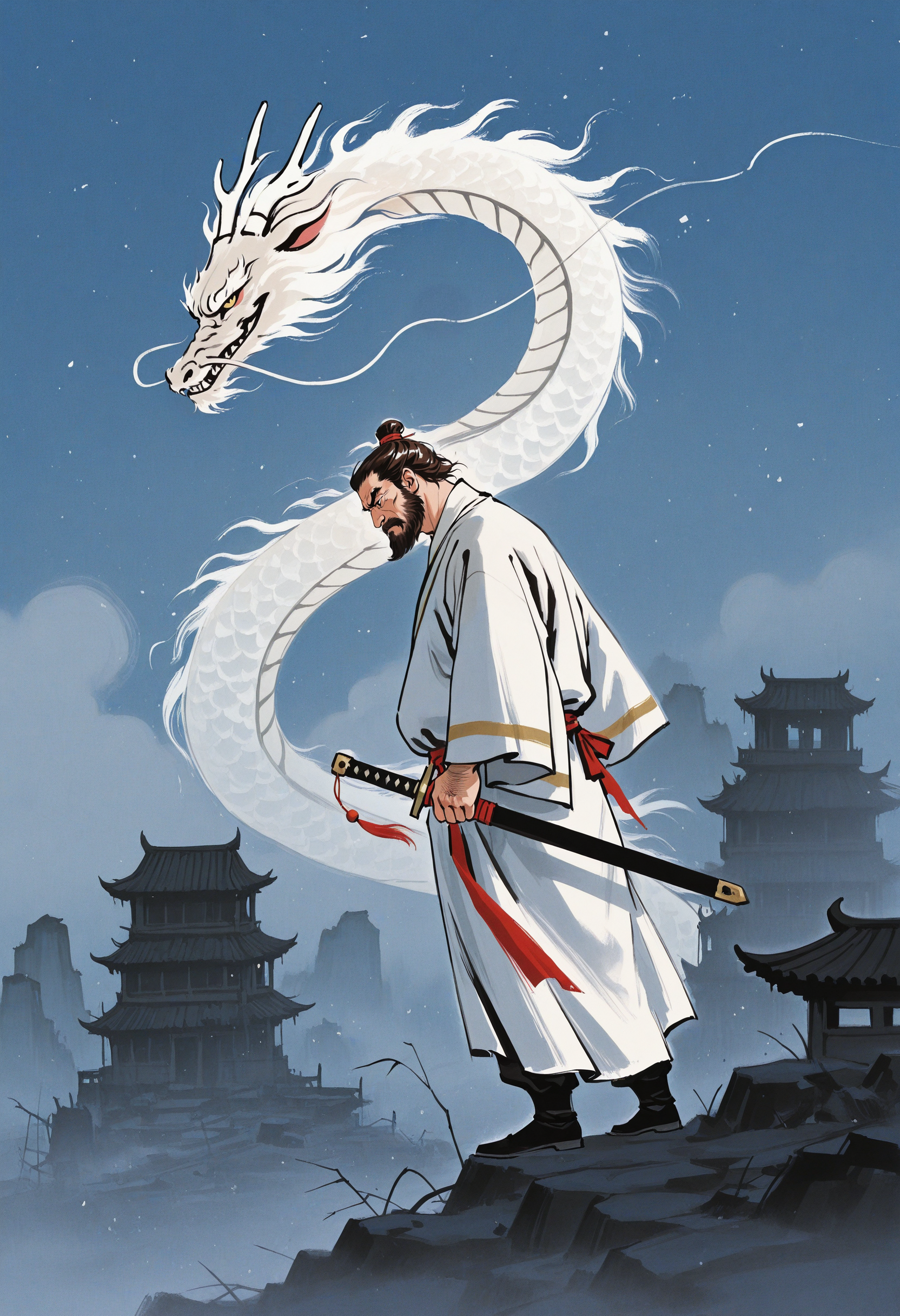 1boy, head down, head tilt, male focus, holding sword, smirk, from side, (close-up:1.5),
BREAK
mature male, brown hair, short hair, <lora:PoolpartyIL:1> PoolpartyGraves, chinese clothes, white robe, floating clothes,
BREAK
large pectorals, thick thighs, thick arms, stomach, belly,
BREAK
minimalism, smoke, fog, dark, blue background, fire, ruins, east asian architecture, eastern dragon, dust, above clouds,
BREAK
<lora:Ink_wash_painting_style_from_Doubao_AI_v1:1> dbiwpstyle, traditional media, retro artstyle,
BREAK
bara, best quality, masterpiece, very aesthetic, absurdres, highest detailed, very awa, detailed background,