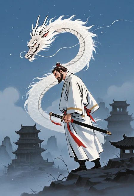 1boy, head down, head tilt, male focus, holding sword, smirk, from side, (close-up:1.5),
BREAK
mature male, brown hair, short hair, <lora:PoolpartyIL:1> PoolpartyGraves, chinese clothes, white robe, floating clothes,
BREAK
large pectorals, thick thighs, thick arms, stomach, belly,
BREAK
minimalism, smoke, fog, dark, blue background, fire, ruins, east asian architecture, eastern dragon, dust, above clouds,
BREAK
<lora:Ink_wash_painting_style_from_Doubao_AI_v1:1> dbiwpstyle, traditional media, retro artstyle,
BREAK
bara, best quality, masterpiece, very aesthetic, absurdres, highest detailed, very awa, detailed background,