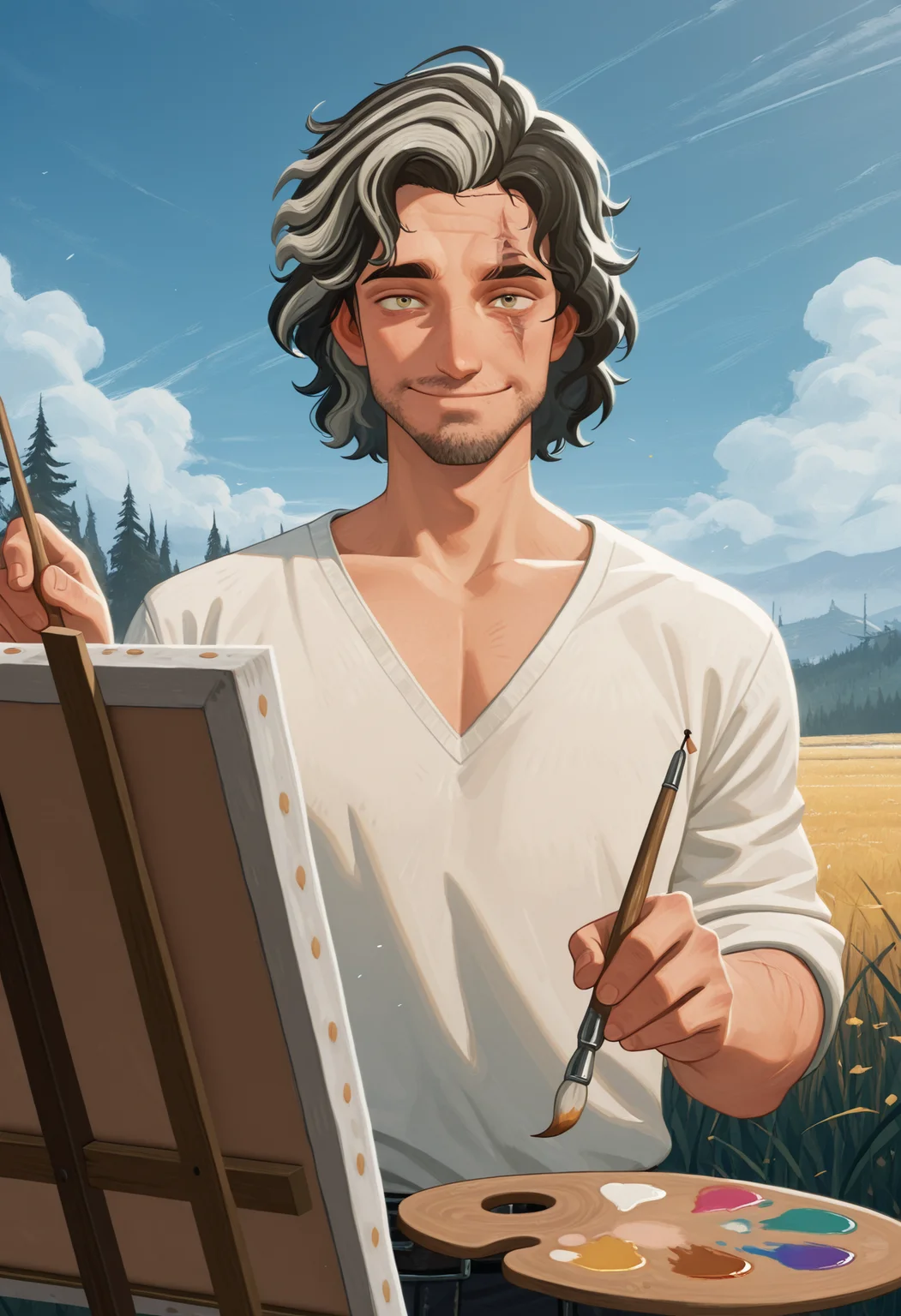 masterpiece, best quality, amazing quality, <lora:verso_illustrious_byJaneB:1> versoe33, multicolored hair, scar across eye,
1boy, white shirt, V-neck, canvas \(object\), painting \(action\), smile, <lora:afkJourneyIllustrious2:1> afkJourneyStyle, paintbrush, palette \(object\),