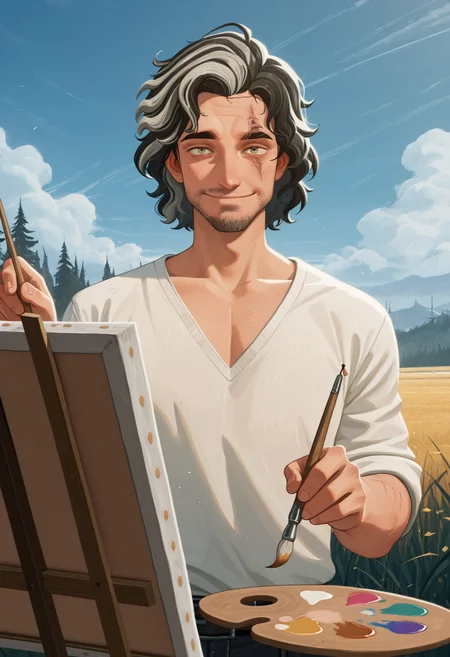 masterpiece, best quality, amazing quality, <lora:verso_illustrious_byJaneB:1> versoe33, multicolored hair, scar across eye,
1boy, white shirt, V-neck, canvas \(object\), painting \(action\), smile, <lora:afkJourneyIllustrious2:1> afkJourneyStyle, paintbrush, palette \(object\),