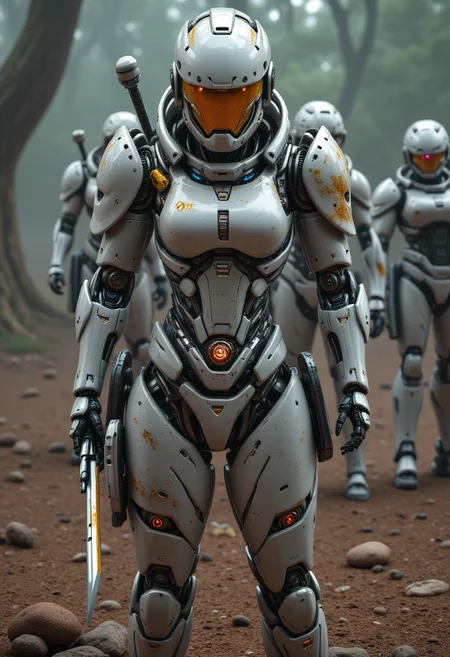 realistic scenery, ultra high quality, very detailed, a gorgeous lightly amored female space marine stands in front of her comrades wielding her machete , hostile foreign planet, Robo, <lora:FluxRoboStyle>