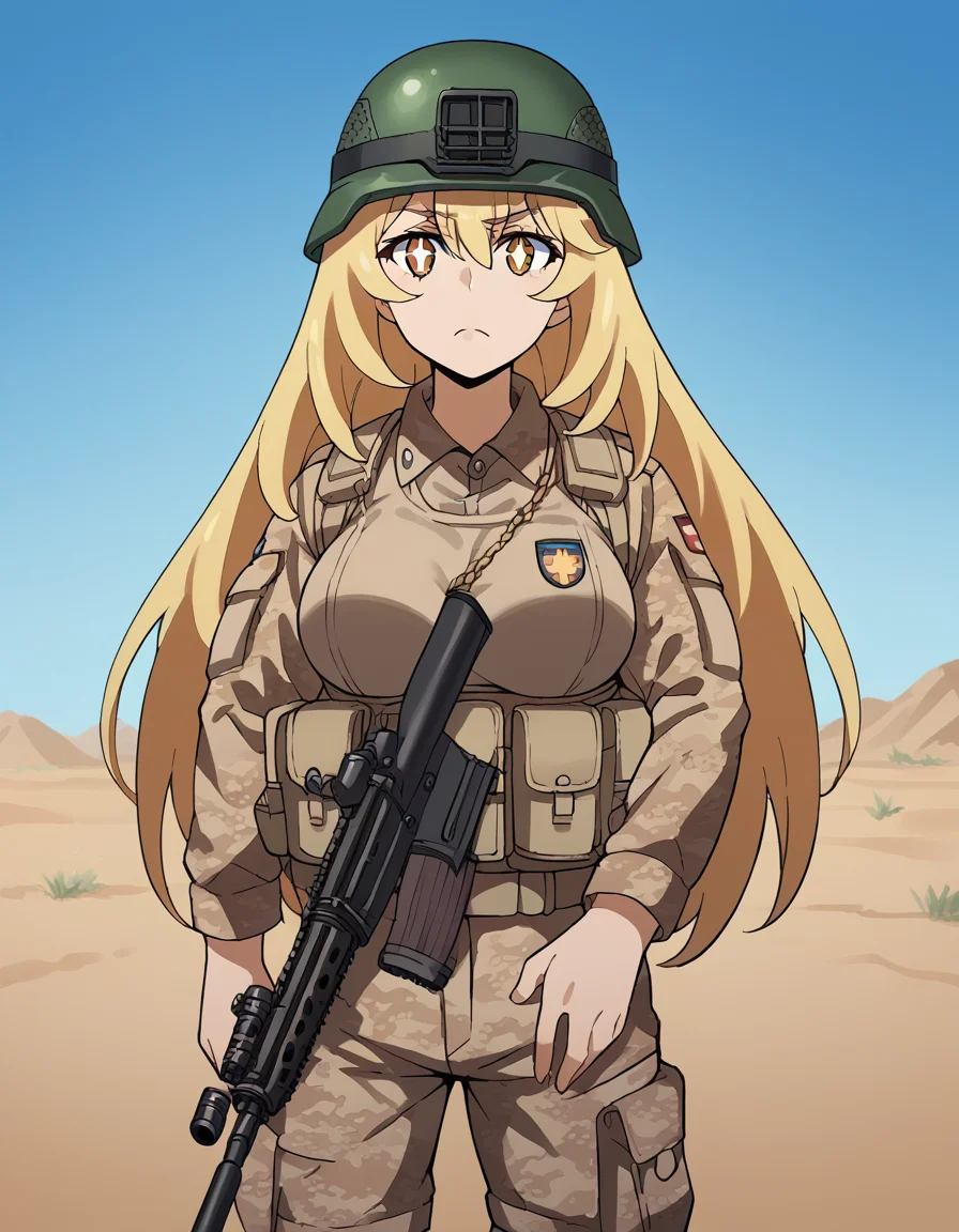 score_9, score_8_up, score_7_up, source_anime, <lora:misaki-shokuhou-s3-ponyxl-lora-nochekaiser:1>, misaki shokuhou, blonde hair, hair between eyes, long hair, symbol-shaped pupils, yellow eyes, large breasts, <lora:military-combat-uniform-ponyxl-lora-nochekaiser:1> military combat uniform, camouflage jacket, camouflage, load bearing best, camouflage pants, soldier, bulletproof vest, combat helmet, assault rifle, rifle,, desert, sun, blue sky,, cowboy shot,
