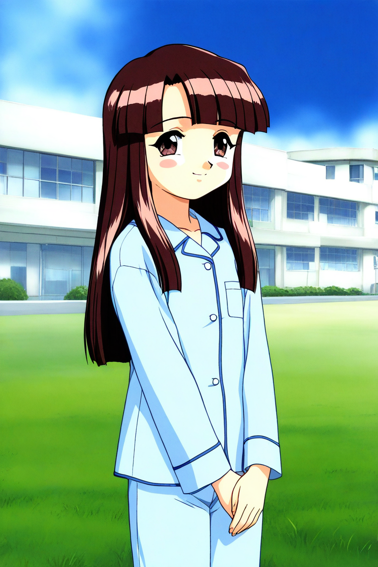 general,highres, ultra-detailed,very aesthetic,best quality ,best hands, BREAK <lora:Sakurai_Miyuri_Suchie-Pai_Ver2.0_IS:1>
Sakurai_Miyuri, 1girl, solo, brown hair, long hair, brown eyes, blunt bangs,
smile,
light blue pajamas, v arms,
blue sky, day, grass. outdoor, hospital building,