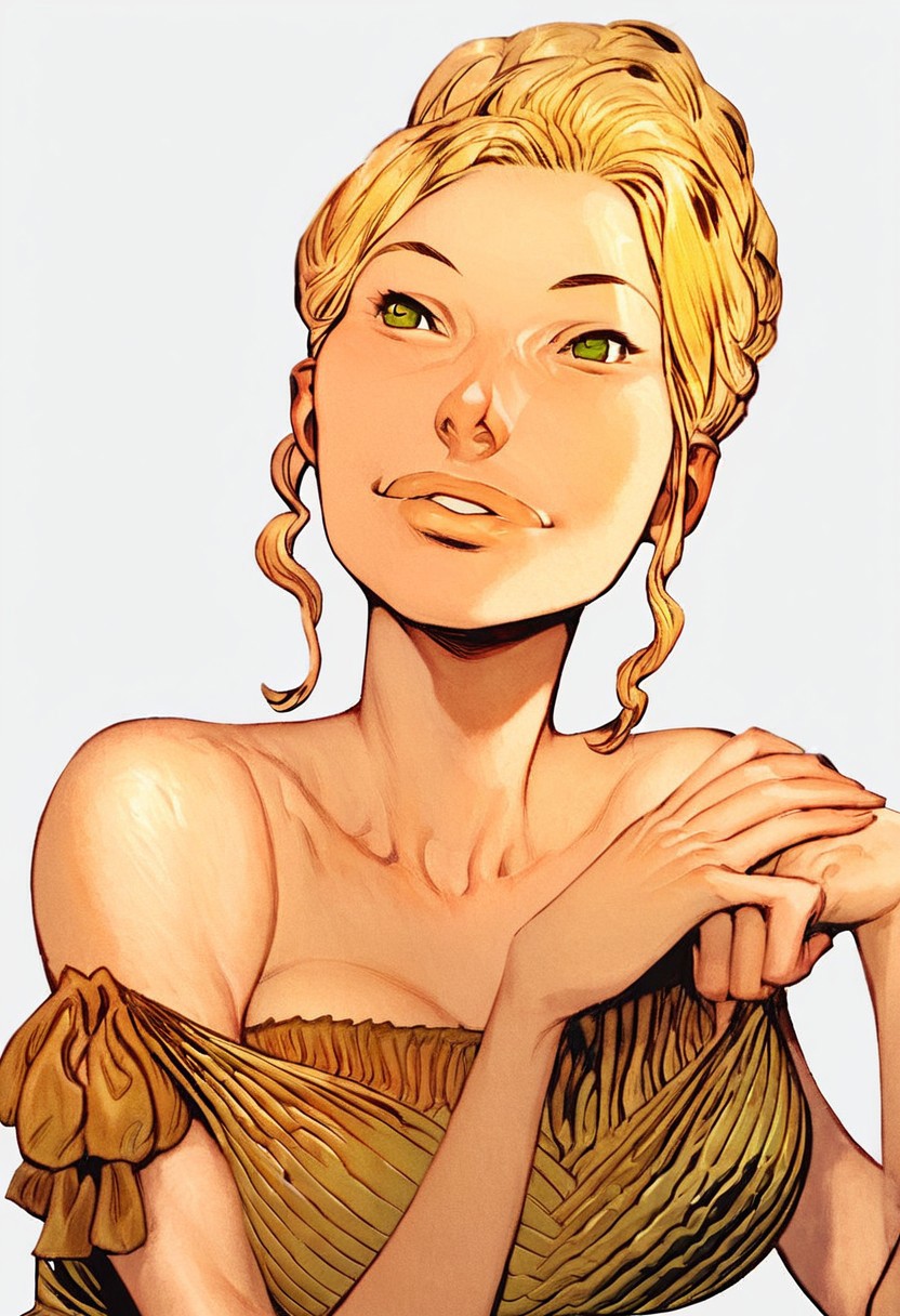 Score_9, score_8_up, score_8_up,style of Gerry Anderson, Jennifer_Winterfield, 1girl, solo, blonde hair, green dress, head tilt, parted lips, teeth, smile, upper body, green eyes, bare shoulders, medium breasts, hair pinned up