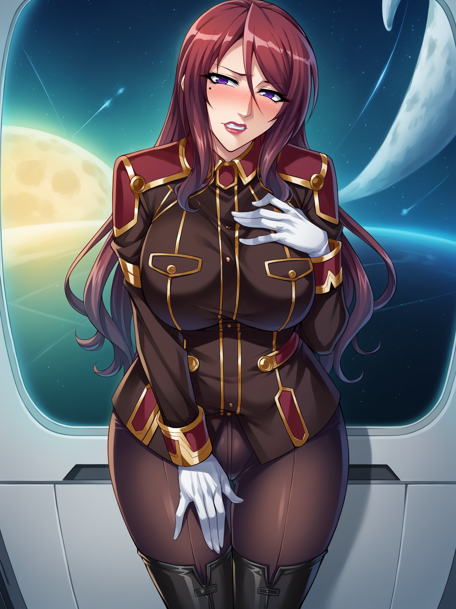 score_9, score_8_up, score_7_up, score_6_up, uncensored, BREAK,
beatrice kushan is standing, hand on own chest, covering crotch, leaning forward, 
1girl, mature female, solo,
looking at viewer, head tilt, blush, parted lips, embarrassed, clenched teeth, 
long hair, purple eyes, lipstick, lips, (mole under eye:0.8),
military uniform, brown pants, thigh boots, white gloves, 
curvy, large breasts, thighs,
indoors, spacecraft, window, space, night,
<lora:Beatrice Kushan3216PDXL:1>