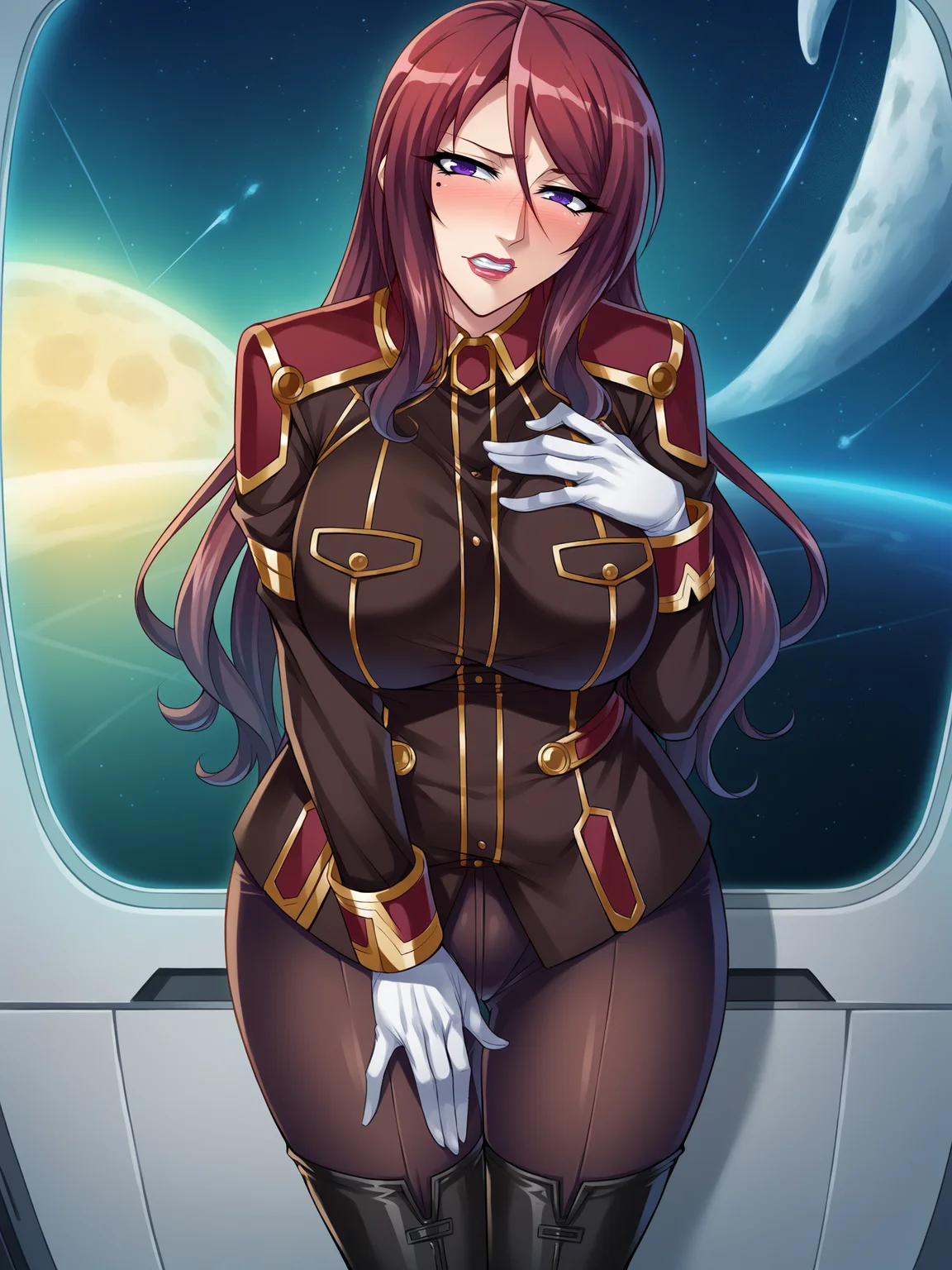 score_9, score_8_up, score_7_up, score_6_up, uncensored, BREAK,
beatrice kushan is standing, hand on own chest, covering crotch, leaning forward,
1girl, mature female, solo,
looking at viewer, head tilt, blush, parted lips, embarrassed, clenched teeth,
long hair, purple eyes, lipstick, lips, (mole under eye:0.8),
military uniform, brown pants, thigh boots, white gloves,
curvy, large breasts, thighs,
indoors, spacecraft, window, space, night,
<lora:Beatrice Kushan3216PDXL:1>