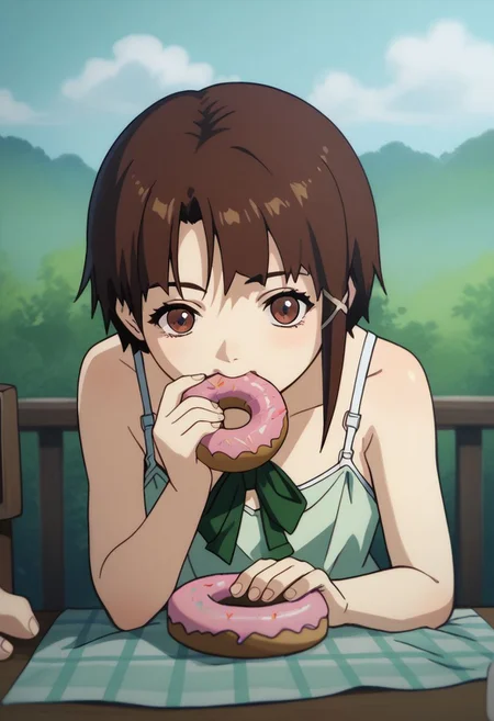 score_9, score_8_up, score_7_up, score_6, source_anime, lain, brown hair, ((light green camisole, green bowtie, table, tartan tablecloth)), ((eating donut, donuts on tablecloth)), cute, (chibi), dessert close view, clouds sky background, outdoors, airborne