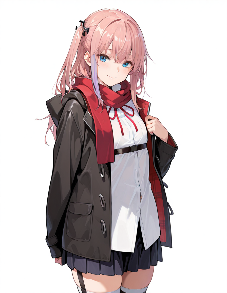 Volumetric Lighting, (masterpiece), (best quality), (ultra-detailed), masterpiece, source_anime, score_9, score_8_up, score_7_up BREAK, illustration, disheveled hair, detailed eyes, perfect composition, moist skin, intricate details BREAK, pink hair, blue eyes, long hair, one side up,streaked hair, small breast BREAK, LiteraryGirl, LG_shirt. LG_shirt_strap, scl_neck_ribbon, one side up, LG_scarf, LG_hooded_jacket, LG_hair_ornament, LG_shirt, LG_thighhighs, LG_skirt, LG_thigh_strap BREAK, ((white background)), looking at viewer,smile,upper body, thighs