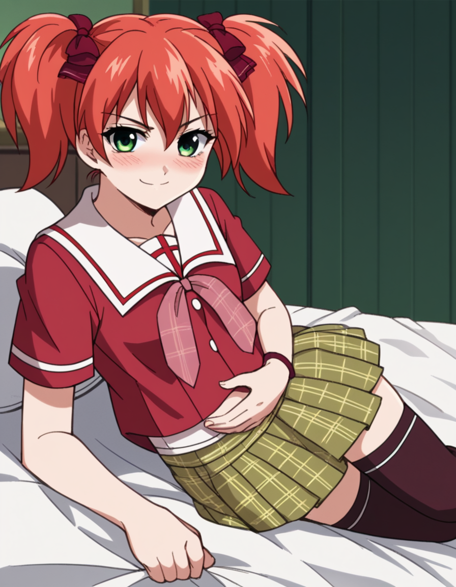 score_9, score_8_up, score_7_up, source_anime, <lora:kokoa-shuzen-s2-ponyxl-lora-nochekaiser:1>, kokoa shuzen, twintails, green eyes, red hair, hair bow, short hair,, skirt, thighhighs, school uniform, black thighhighs, plaid, serafuku, red shirt, short sleeves,, indoors, bed, bed room, on side, blush, drunk,, smile, hand on stomach, blush,, looking at viewer, solo,, dutch angle, cowboy shot
