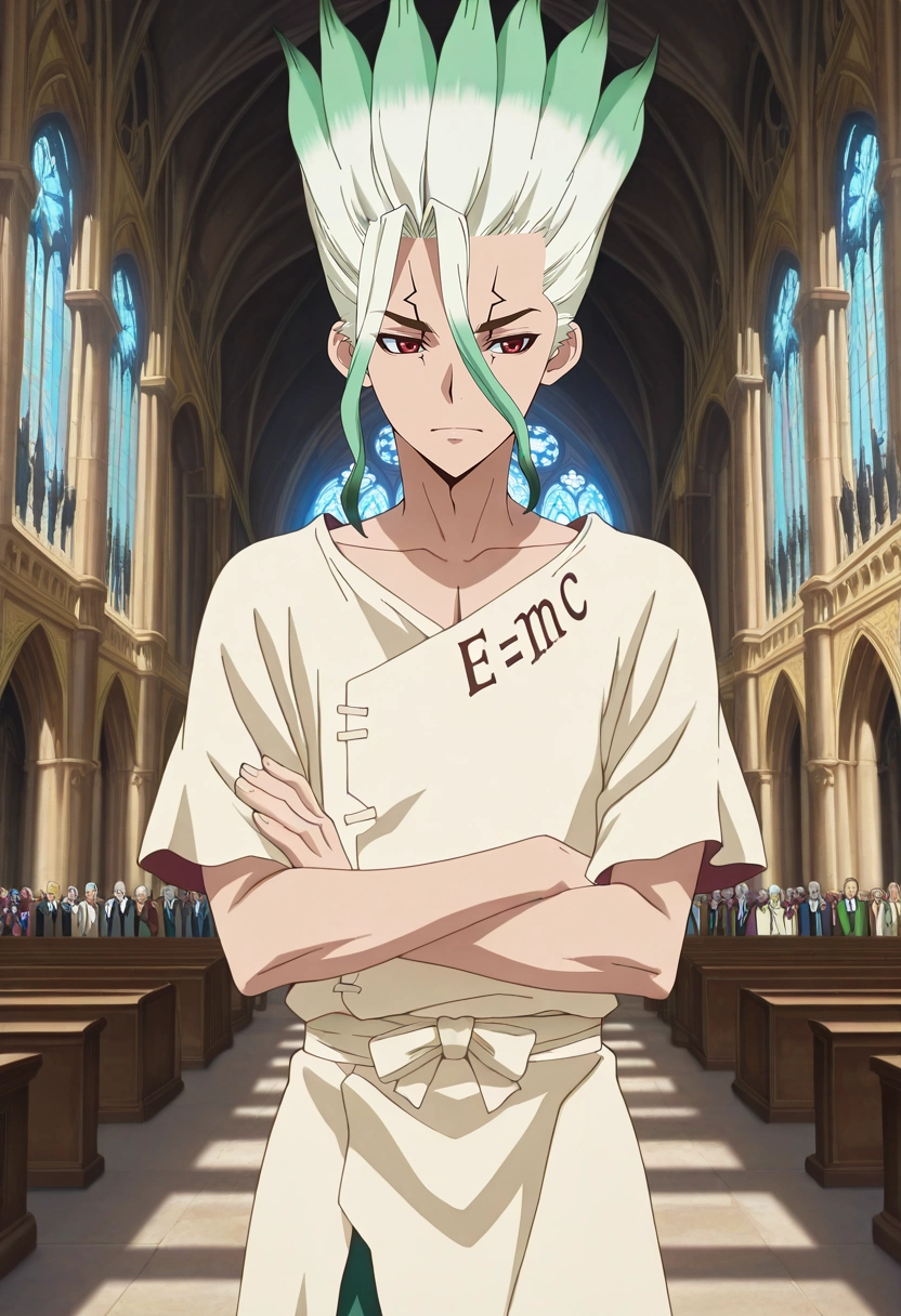 masterpiece, best quality, , anime screencap, anime coloring, , , 1boy, solo, male focus, <lora:senkuu_ishigami_ilxl:0.92>, senkuu_ishigami, green hair, red eyes, multicolored hair, two-tone hair, white hair, facial mark, Milan Cathedral, Italy, ornate spires, crowded square, standing pose, admiring expression, midday sun,