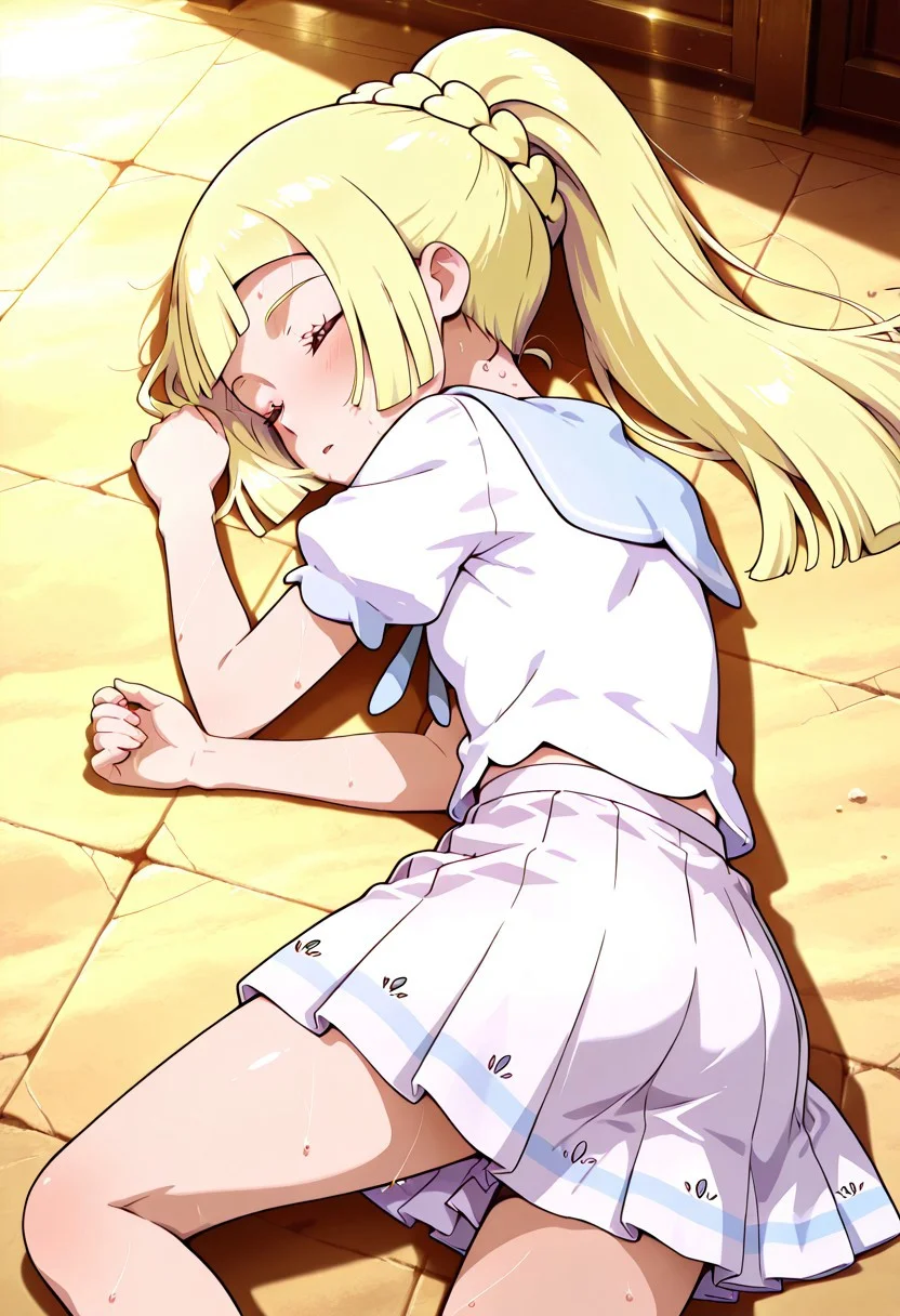 high quality,Expressiveh,very aesthetic, high resolution,8k,clear Sky,Sunny day,in ancient egypt,BREAK,zzLillie, long hair, ponytail, French braid, white shirt, short sleeves, white skirt, pleated skirt,young,cute,petite,small,flat chest,sweating,defeated,laying on the floor,sleeping,back against the floor,arms to the side,arms on the floor,laying face up,yamchapose, lying, on side,closed eyes,