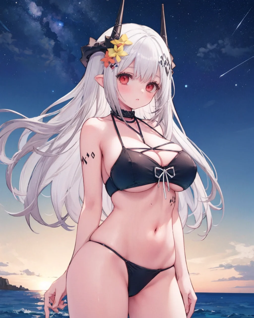 1girl,solo,mdrk,huge breasts, black_bikini, standing, cowboy shot, arms at sides,
outdoors,seaside, starry sky, night,
,<lora:MudrockSilentNightV2Normal:1>,