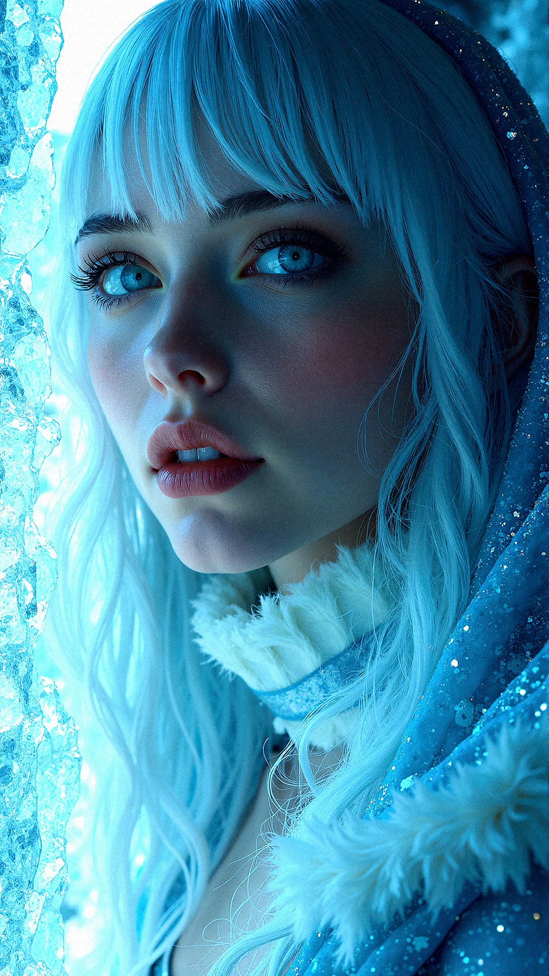 Close-Up Portrait of a Woman with Silver-Blue Hair and Intricate Details, Arctic Elegance in Intricate Detail, Leaning against a glowing crystalline structure, veil cascading around her.

Extreme emphasize on photorealistic, realistic detail, realistic reflection detail and realistic background detail. 















